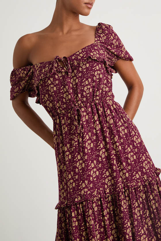 Adorable Ideal Burgundy Floral Print Tiered Ruffled Midi Dress