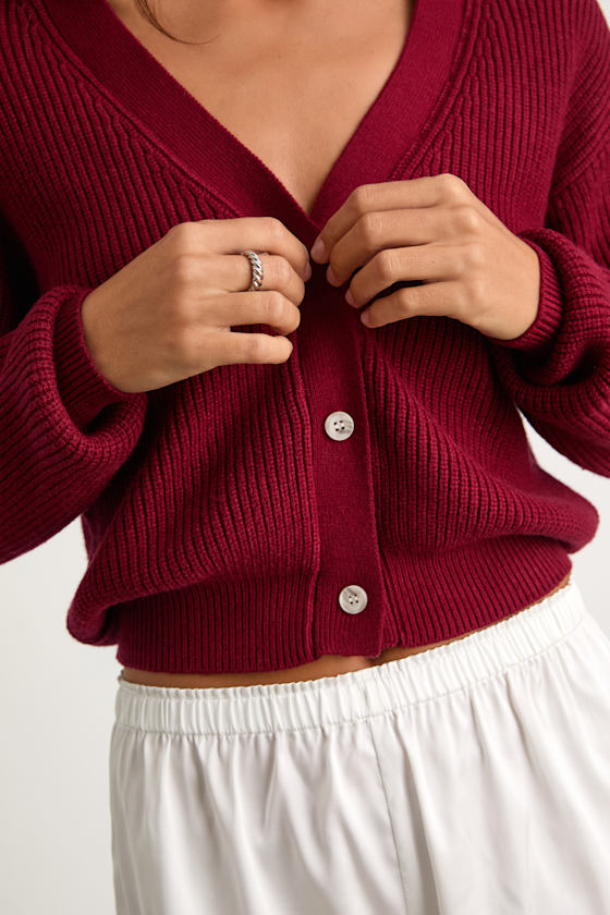 Toasty Babe Wine Red Knit Button-Up Cropped Cardigan