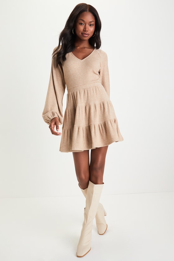 Adorable Option Heather Beige Long Sleeve Mini Sweater Dress