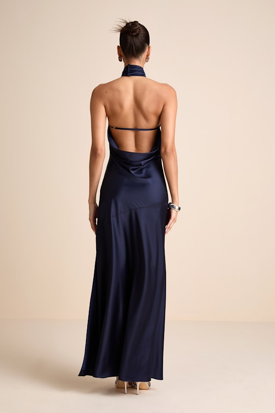 Madalena Navy Satin Cowl Back Maxi Dress