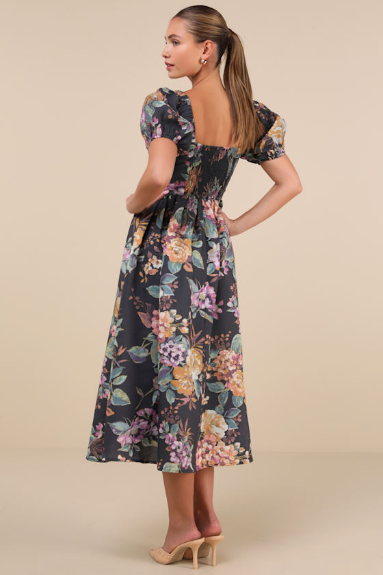 Adorable Tendencies Dark Grey Floral Puff Sleeve Midi Dress