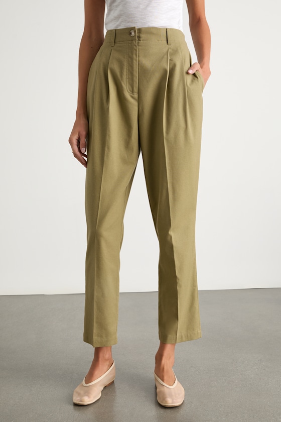 Sophisticated Company Olive Linen Straight Leg Trousers