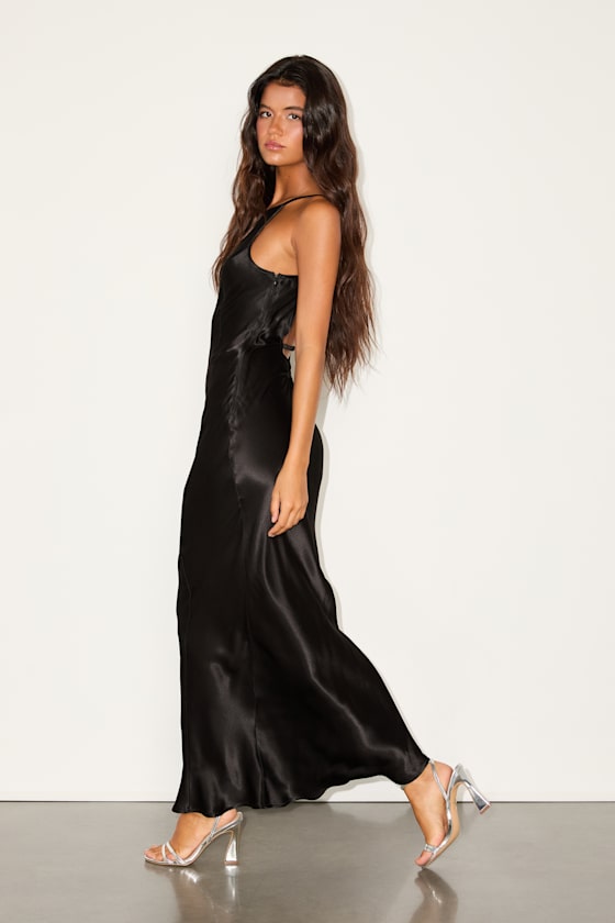 Ishika Black Satin Backless Slip Maxi Dress
