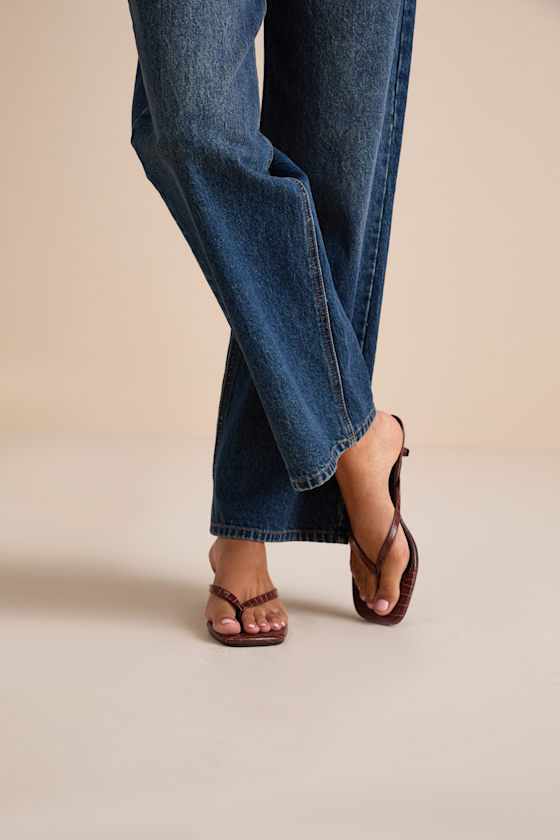 Massima Brown Croc-Embrossed Kitten Heel Thong Sandals