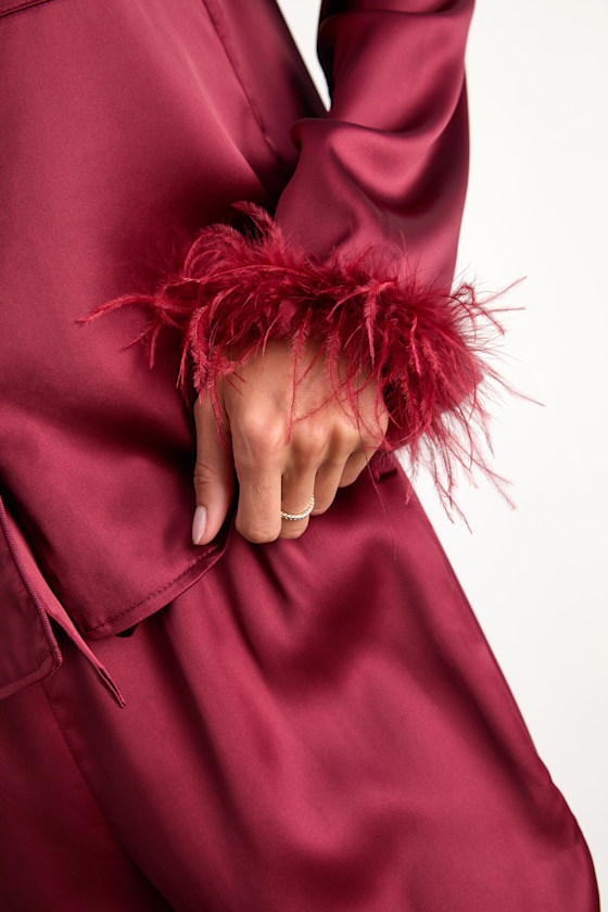 Dreamiest Delight Burgundy Satin Feather Two-Piece Pajama Set