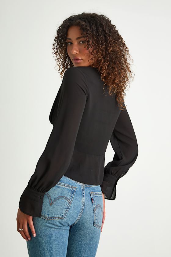 Irelynn Black Lace Long Sleeve Tie-Front Top