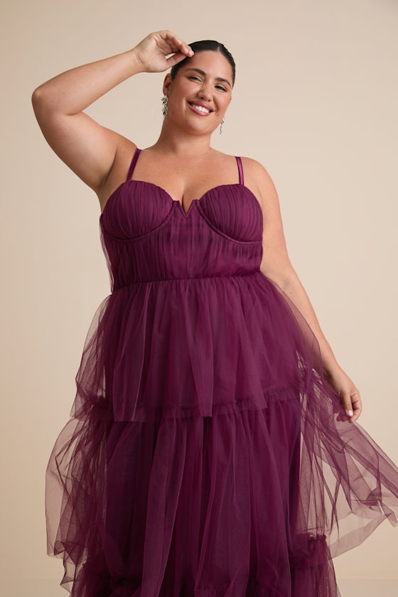 Unforgettable Poise Plum Purple Tulle Bustier Tiered Maxi Dress