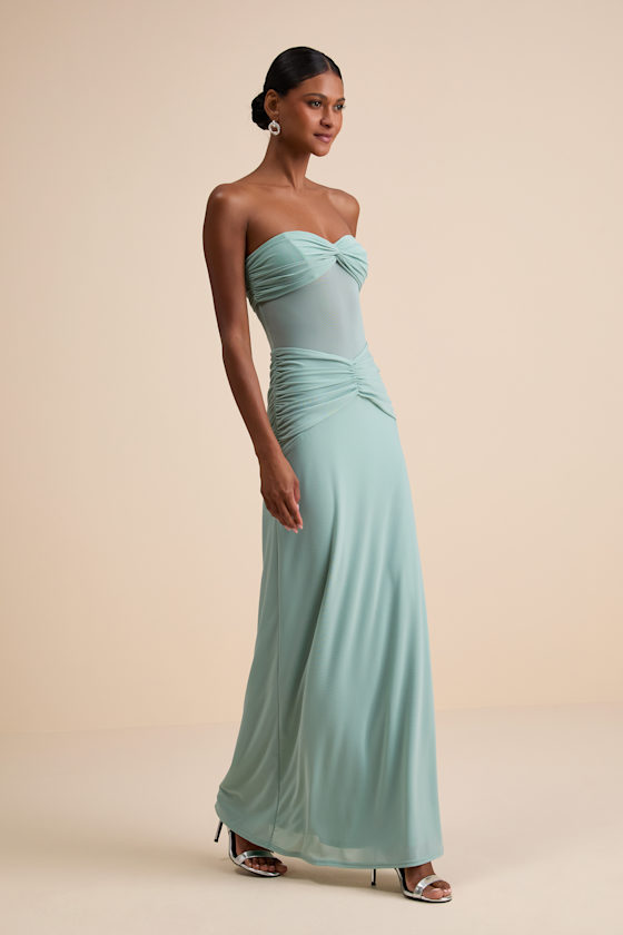 Ursella Sage Blue Mesh Strapless Maxi Dress