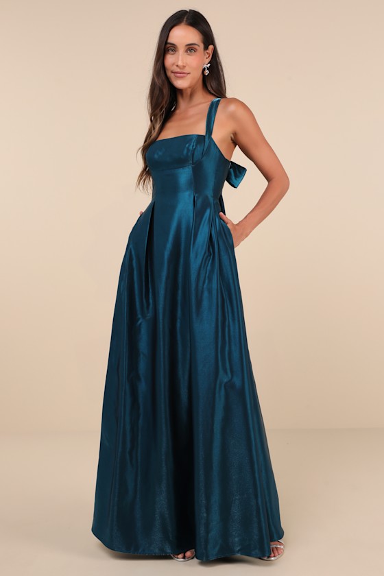 Immaculate Aura Shiny Dark Teal Taffeta Maxi Dress With Pockets