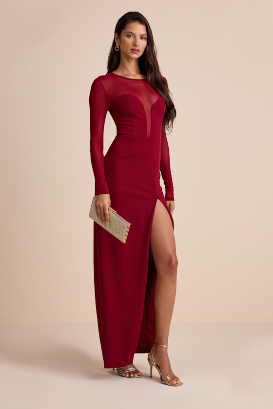 Impeccable Mystique Burgundy Long Sleeve Maxi Dress