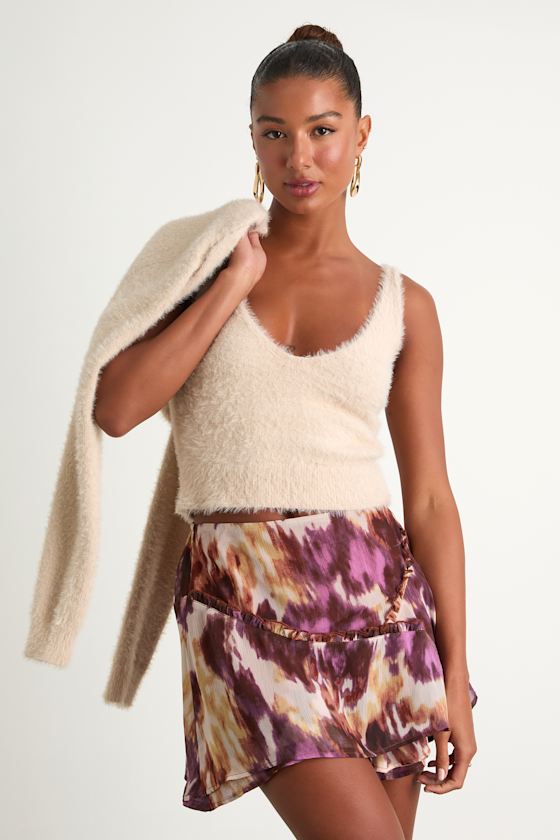 Mekea Beige Eyelash Knit Tank Top and Cropped Cardigan Set
