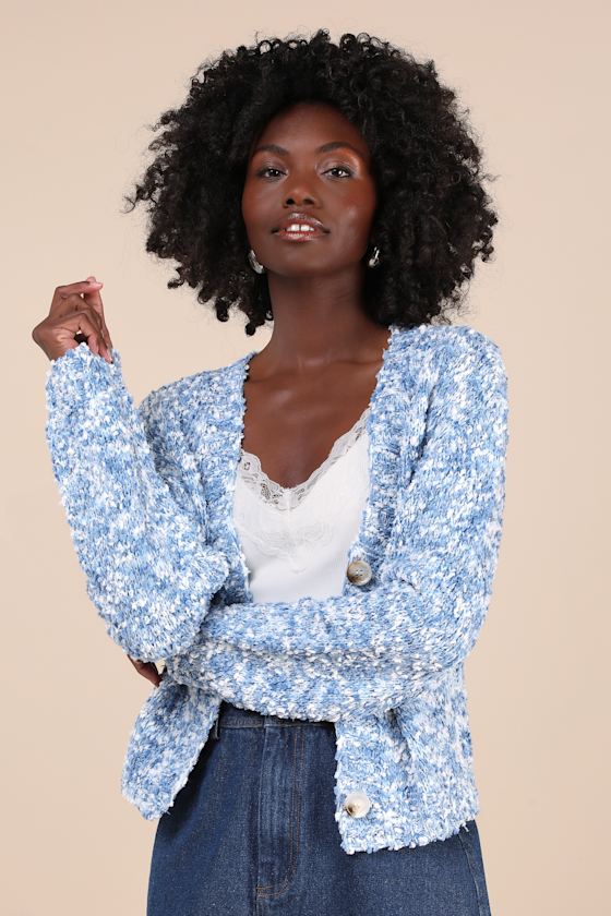 Curated Coziness Blue and White Boucle V-Neck Cardigan