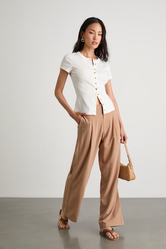 Siyana Tan Pinstriped Linen Straight Leg Trouser Pants