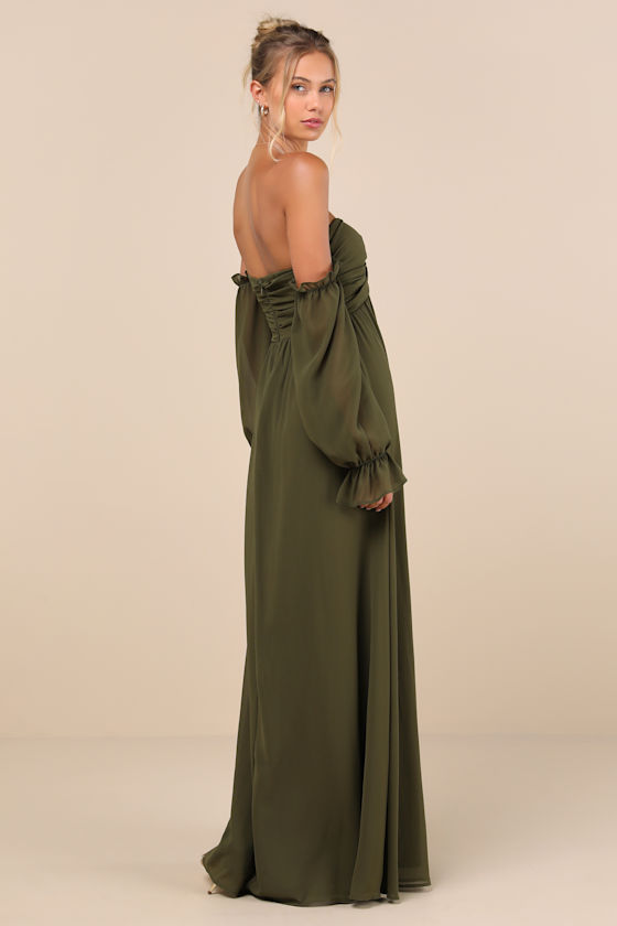 Glorious Invite Olive Green Knotted Off-the-Shoulder Maxi Dress