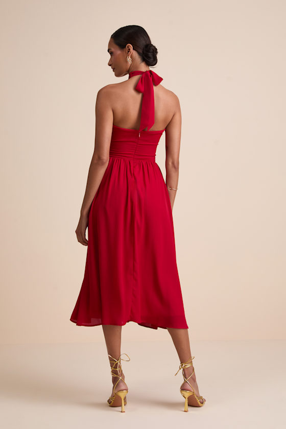 Emrah Red Cross-Front Cutout Halter Midi Dress