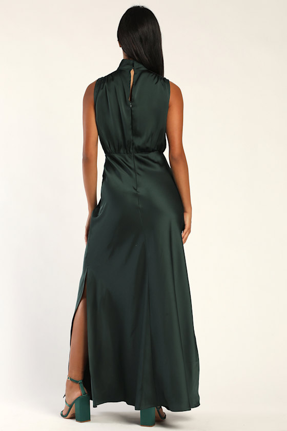 Classic Elegance Green Satin Sleeveless Mock Neck Maxi Dress