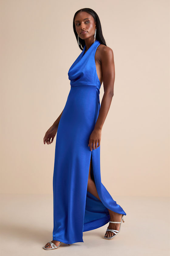 Carmelo Blue Satin Halter Neck Backless Maxi Dress