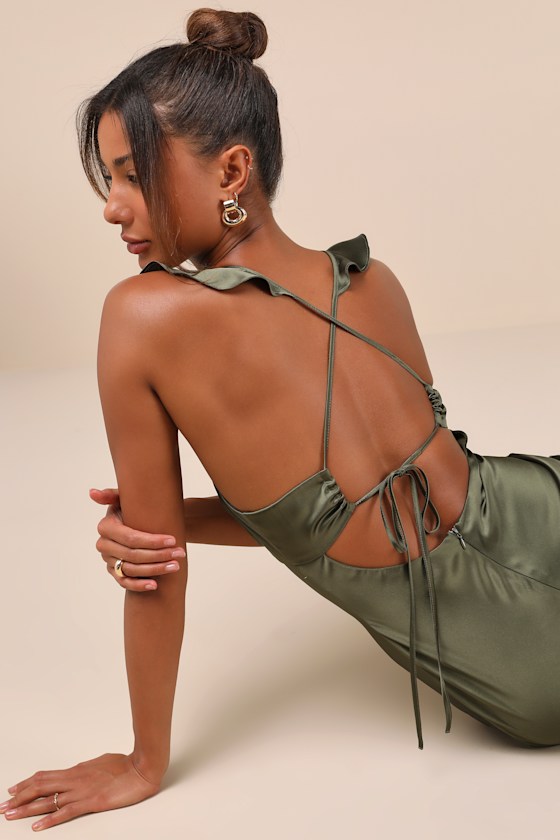 Exuberant Luxury Olive Green Satin Ruffled Lace-Up Maxi Dress