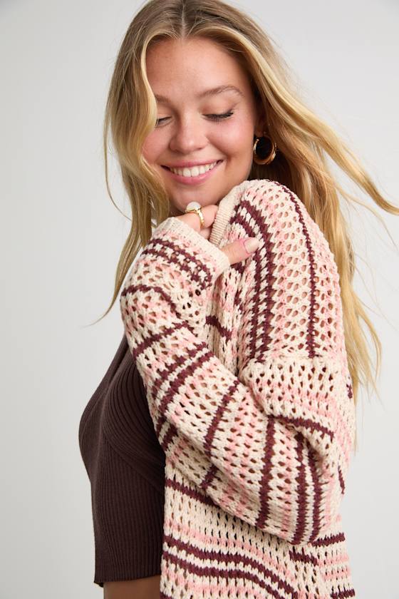 Breezy Strolls Beige Multi Striped Crochet Long Cardigan