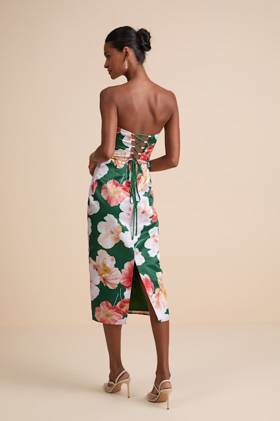 Oriana Dark Green Floral Satin Strapless Midi Dress