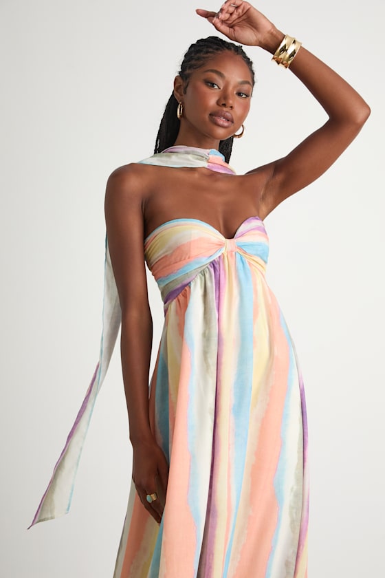 Kelia Peach Multi Striped Midi Dress and Scarf Set