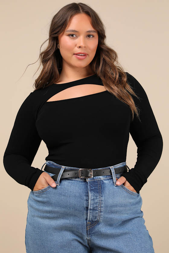 Flirty Little Secret Black Ribbed Cutout Long Sleeve Top