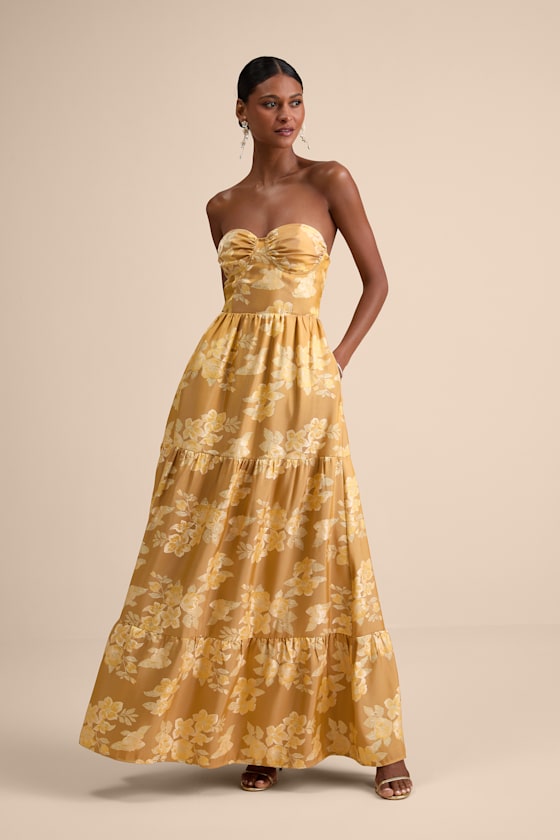 Petrina Golden Yellow Floral Jacquard Strapless Maxi Dress