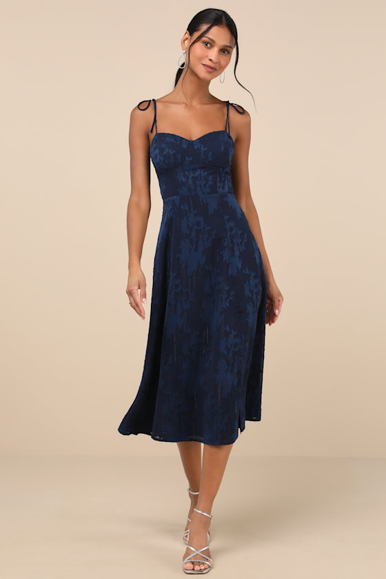 Loveliest Looks Navy Blue Floral Jacquard Tie-Strap Midi Dress