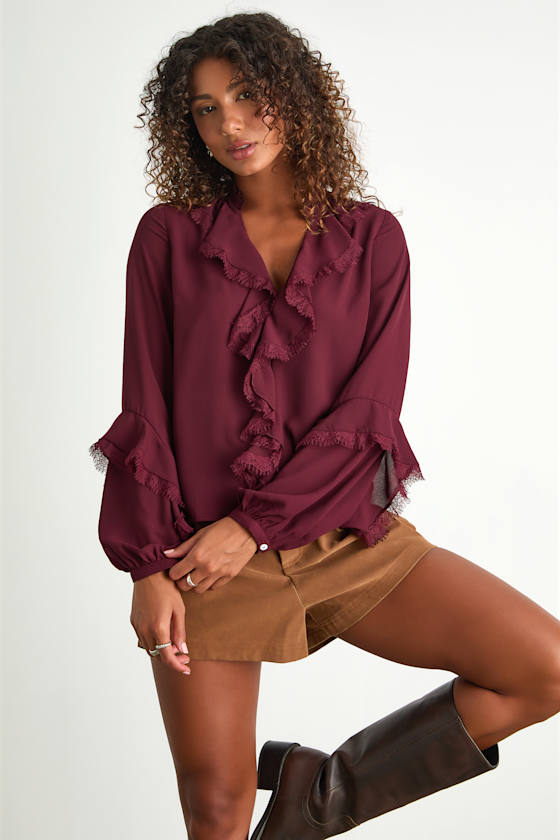 Jess Burgundy Ruffled Lace Long Sleeve Top