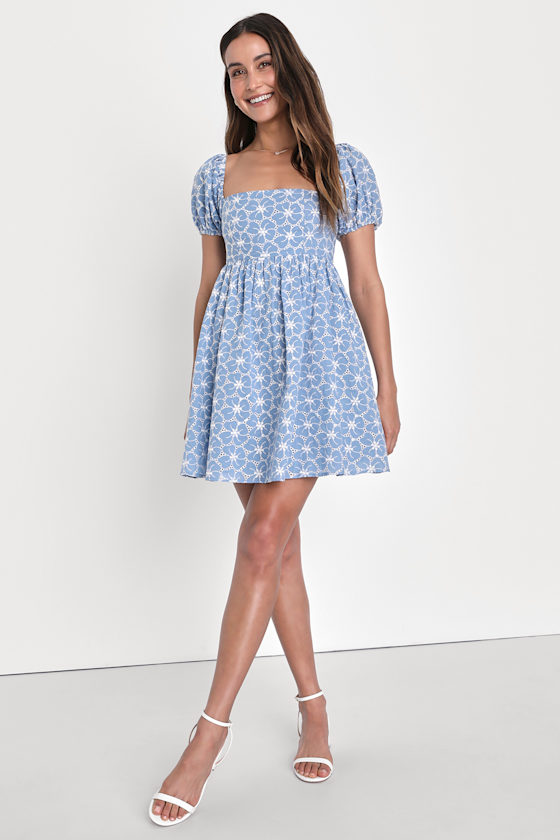 Fit to Frolic Blue Eyelet Lace Puff Sleeve Babydoll Dress