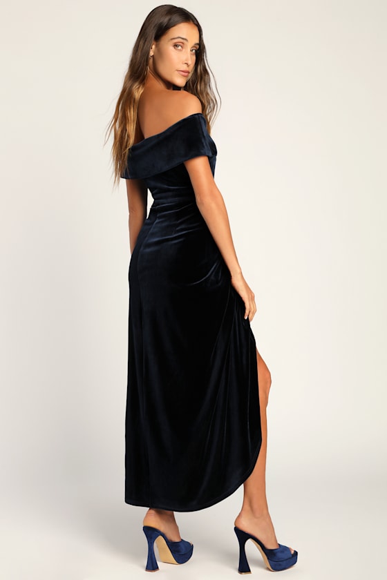 I'm Enchanted Navy Blue Velvet Off-the-Shoulder Maxi Dress