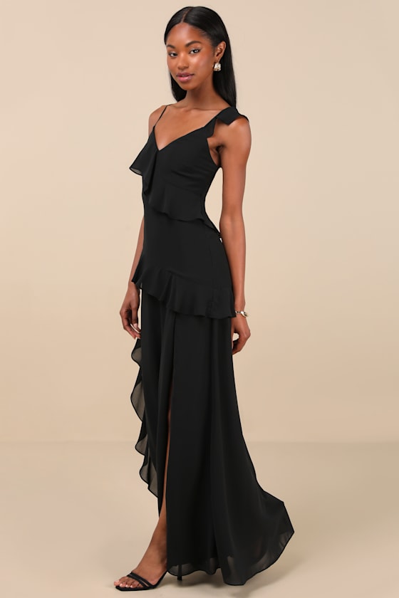 Utterly Captivating Black Ruffled Sleeveless Maxi Dress