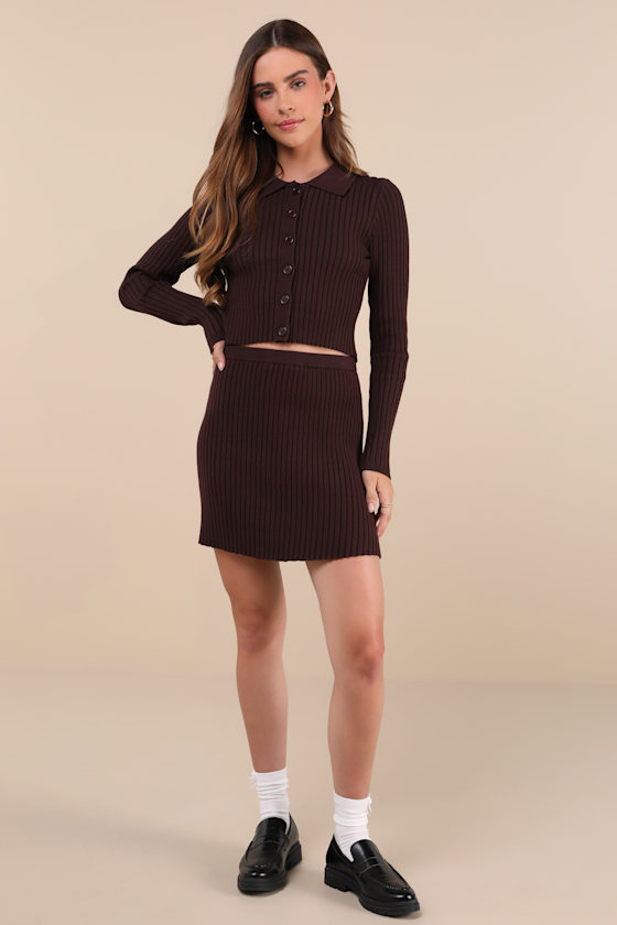 Too Perfect Dark Brown Collared Two-Piece Sweater Mini Dress
