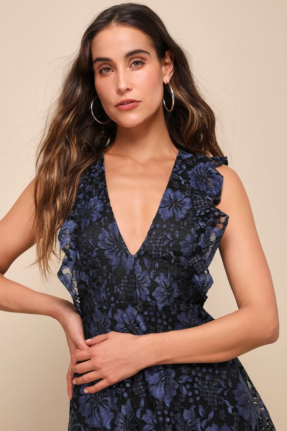 Molinetto Navy Blue Lace Ruffled Tiered Sleeveless Maxi Dress