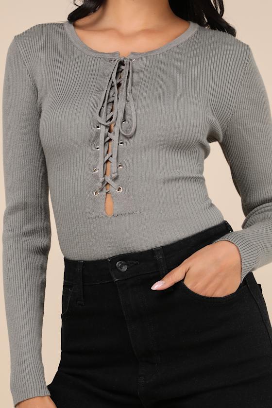 Intriguing Favorite Olive Lace-Up Sweater Top