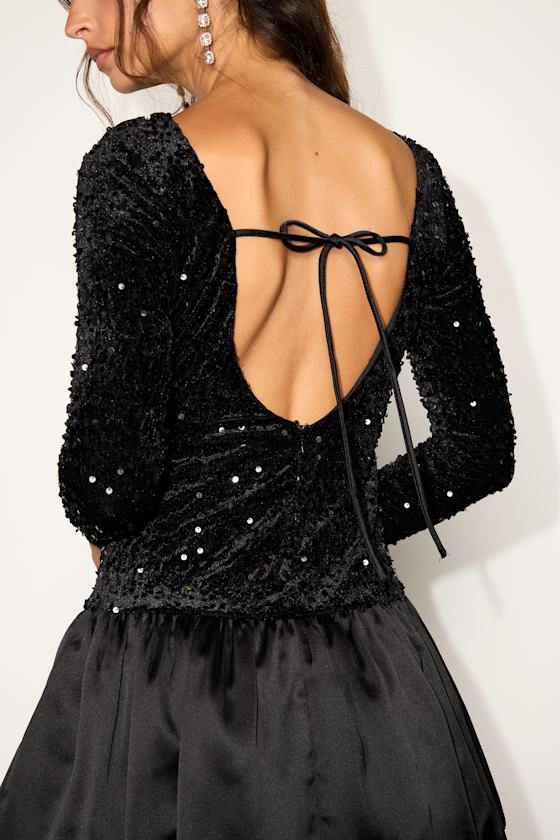 Event Aura Black Sequin Long Sleeve Mini Dress