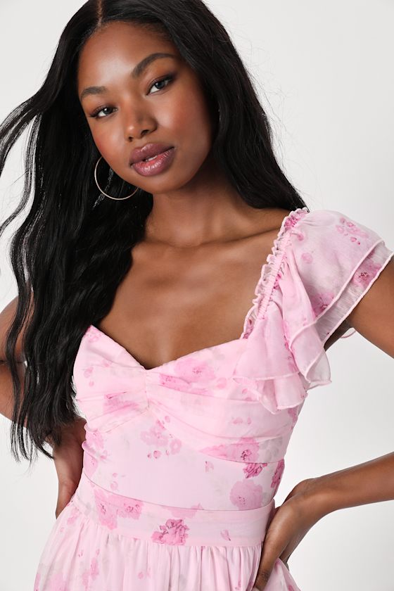 Loveliest Darling Light Pink Floral Ruffled Tie-Back Midi Dress