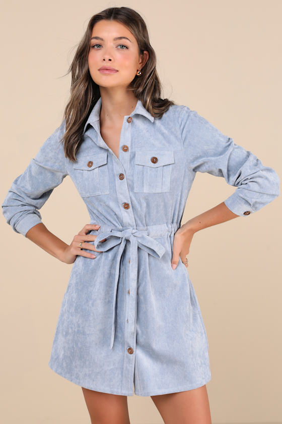 Simple Affection Blue Corduroy Mini Dress With Pockets