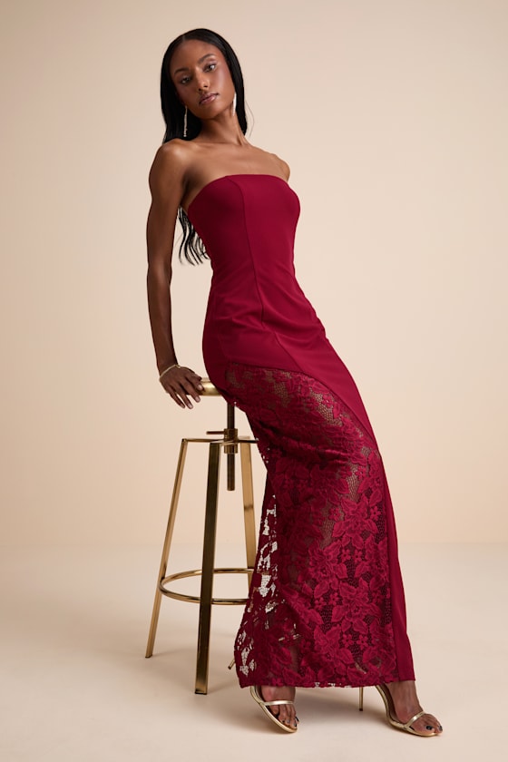 Irresistible Attitude Red Strapless Lace Column Maxi Dress