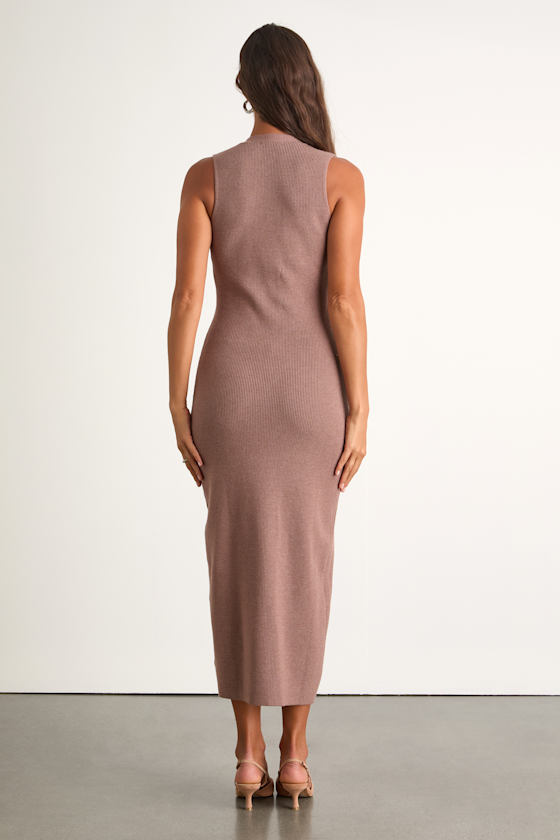 Emelyne Light Brown Ribbed Button-Front Sweater Midi Dress