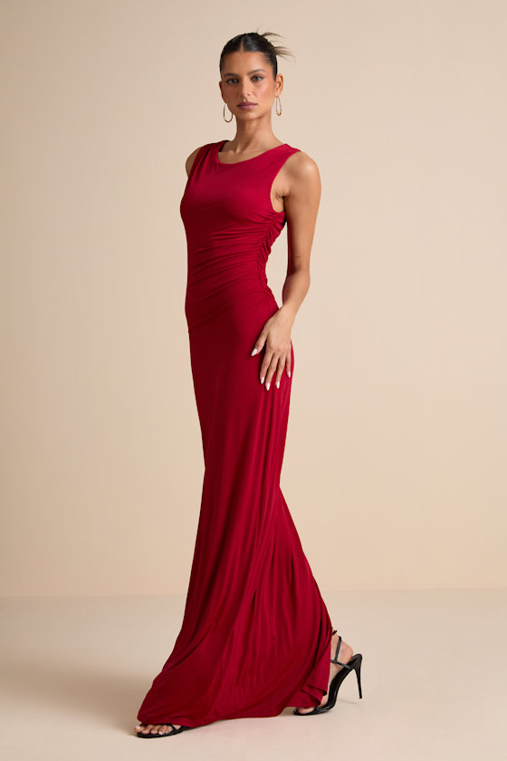 Significant Allure Red Slinky Knit Ruched Maxi Dress