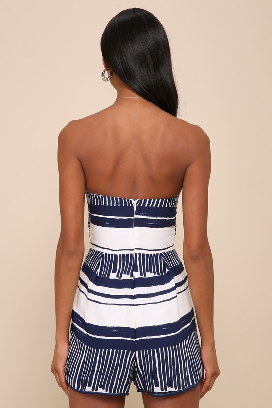 Delphi Blue and White Striped Tie-Front Strapless Romper