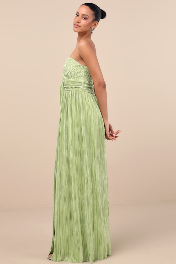 Oswin Lime Green Satin Plisse Strapless Maxi Dress
