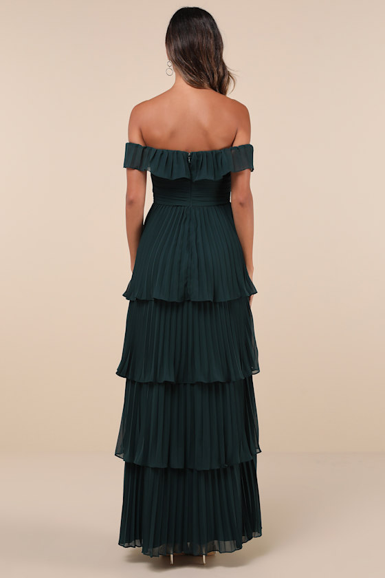 Always Remarkable Emerald Pleated Off-the-Shoulder Maxi Dress