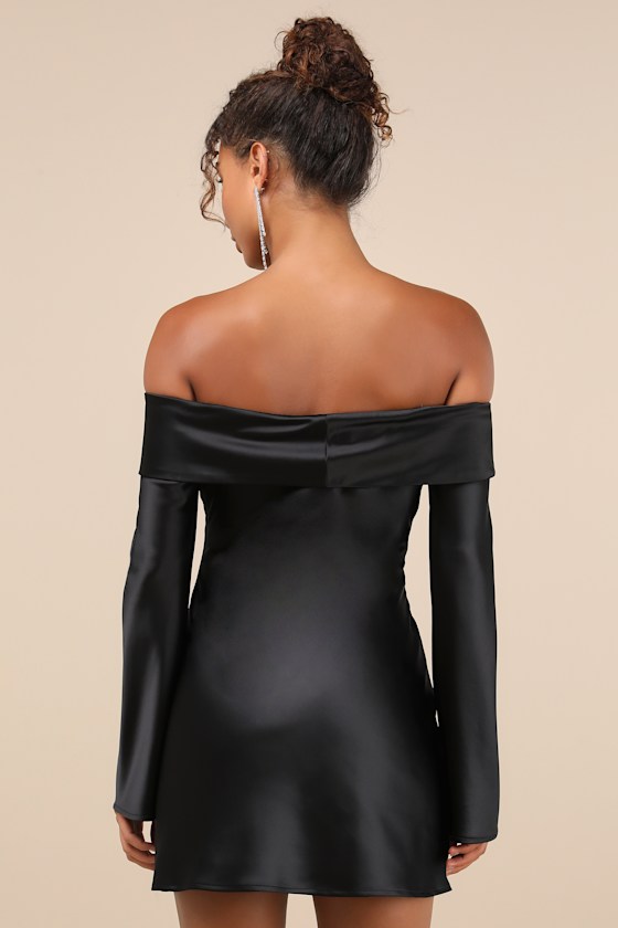 Luxurious Vision Black Satin Off-the-Shoulder Mini Dress