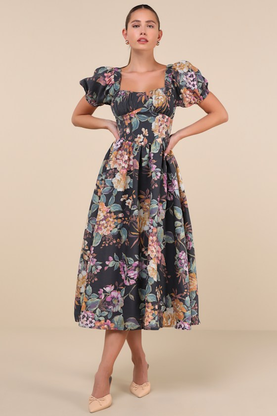 Adorable Tendencies Dark Grey Floral Puff Sleeve Midi Dress
