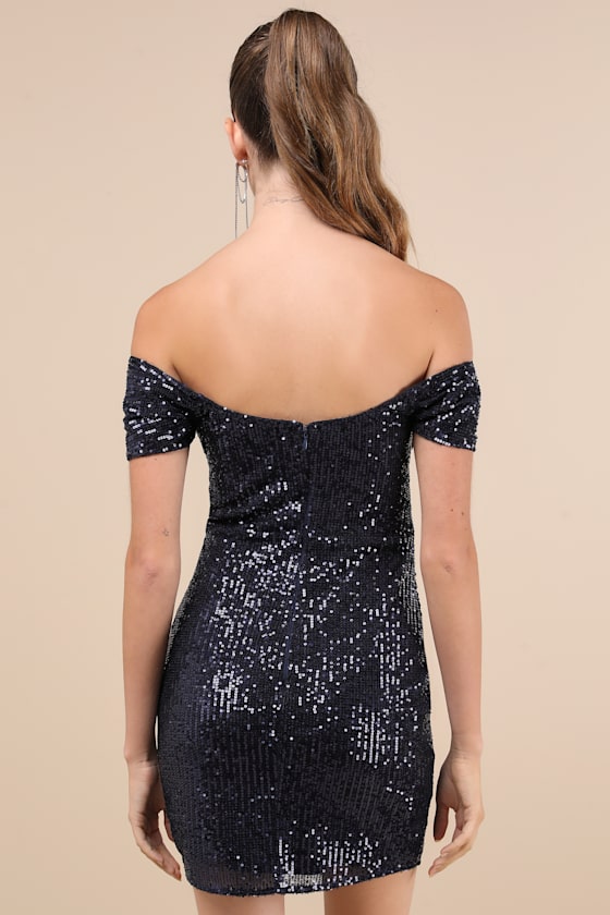 Glittering Attitude Navy Blue Sequin Off-the-Shoulder Mini Dress