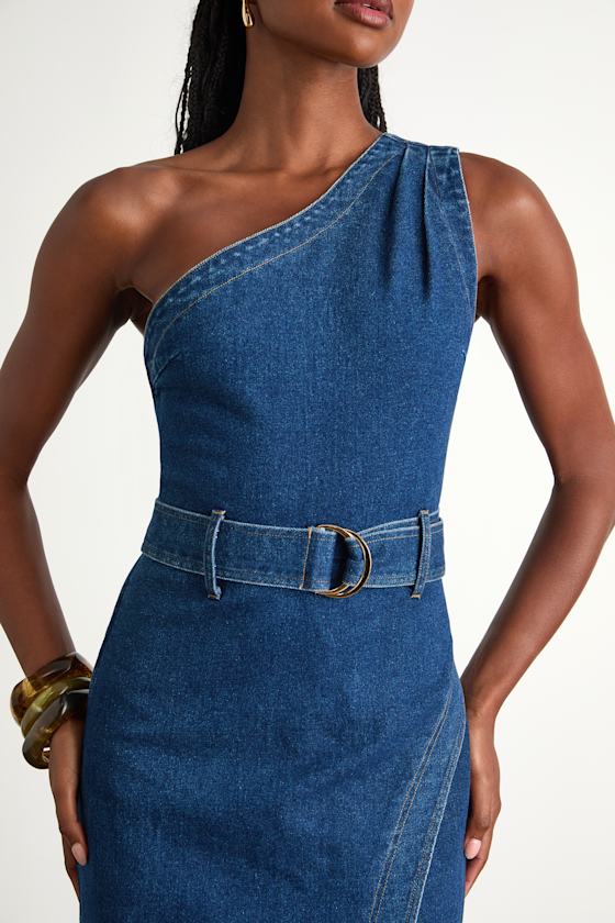 Avelina Medium Wash Denim One-Shoulder Belted Midi Dress