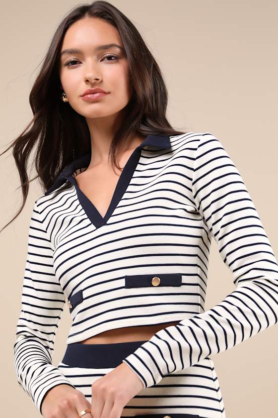 Uptown Aura Ivory Striped Long Sleeve Top