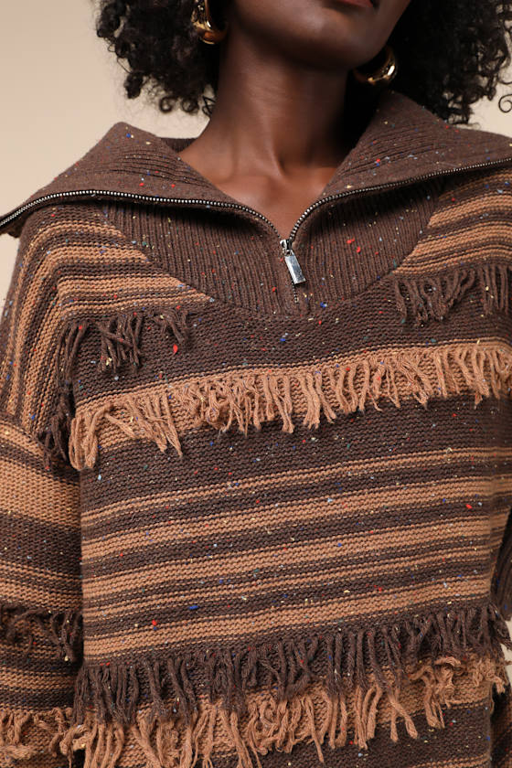 Ultimate Coziness Brown Striped Quarter-Zip Sweater Mini Dress